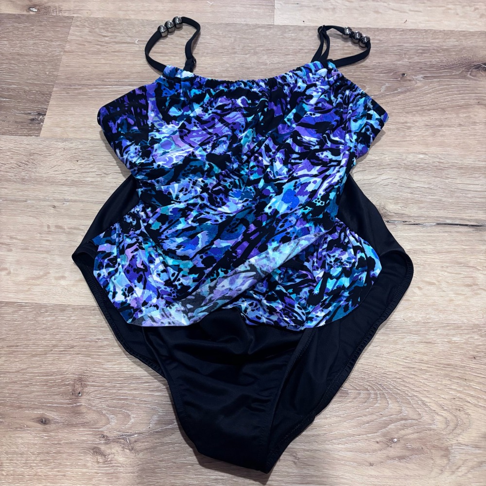 Magic Suit by Miraclesuit Blue Purple Abstract Print One Piece Swimsuit Women 14